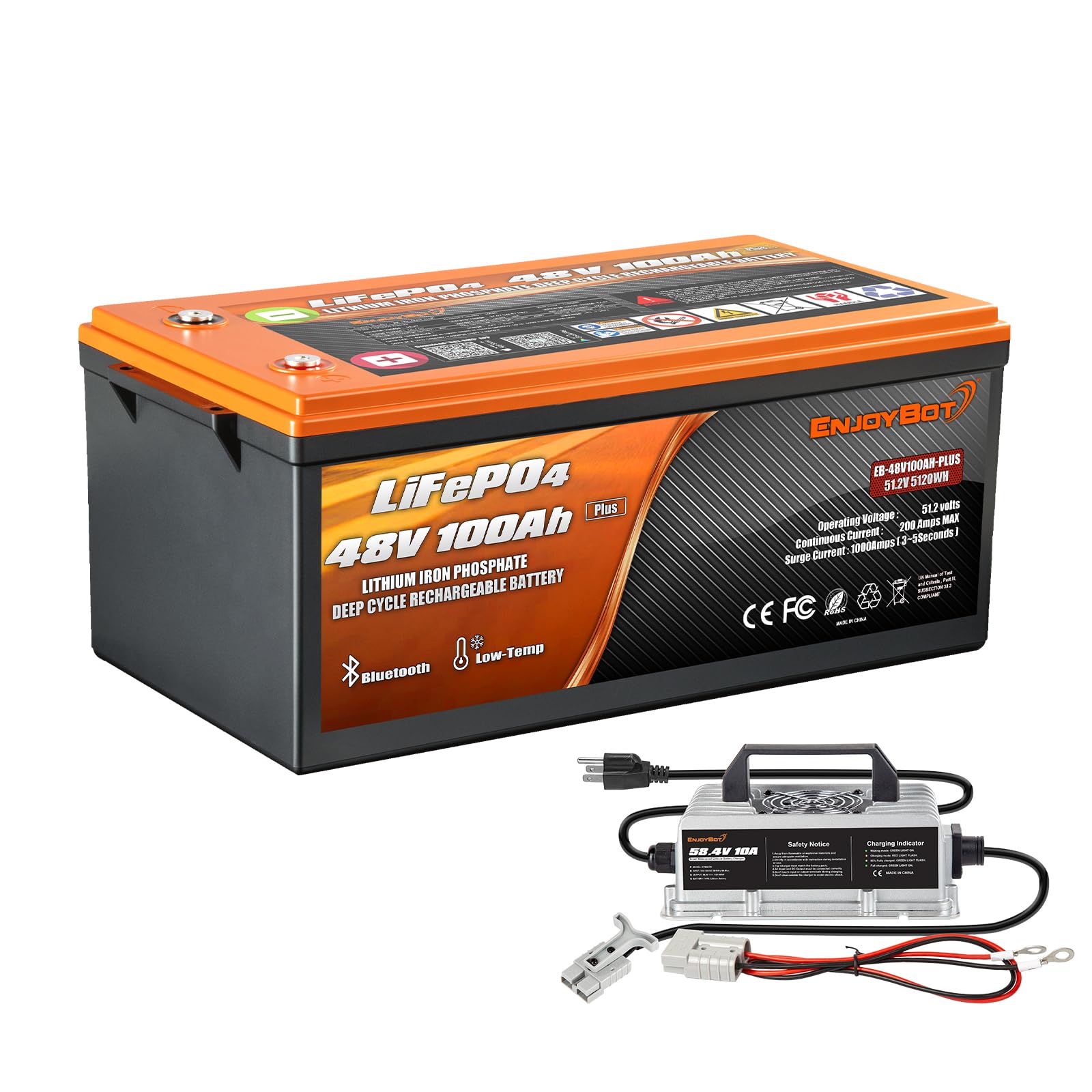 Enjoybot 48V 100Ah Plus LiFePO4 Lithium Battery with 58.4V 10A Charger, Built-in 200A BMS and Bluetooth, Max.10.24 kW Load Power and Peak Current
