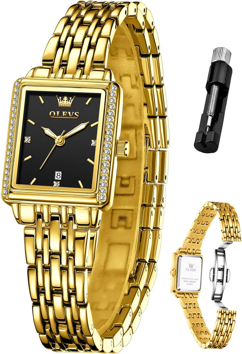 OLEVS Women's Small Gold Watch, Square Ladies Watches for Small Wrists, Dainty Fashion Luxury Dressy Analog Quartz Date Waterproof Wrist Watch for Women,Gold/Black/White/Blue/Green Face