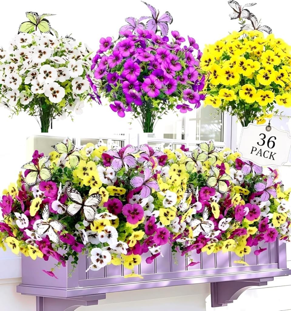 Geegoods 36 Stems Artificial Pansies Flowers for Outdoor