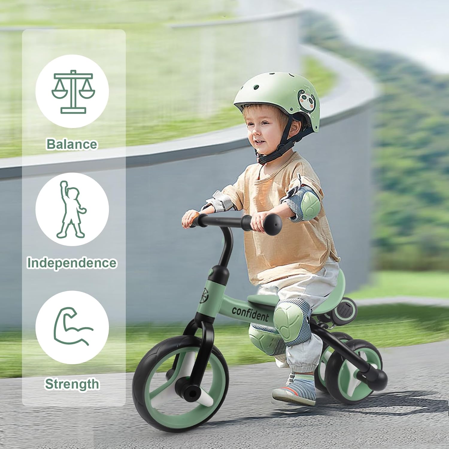 YGJT 4 in 1 Tricycle for Toddlers Age 2-5, Folding Toddler Bike Kids Trike Tricycles with Adjustable Seat and Removable Pedal, Baby Balance Bike Ride-on Toys Gift for Baby Boys Girls Birthday(Green)