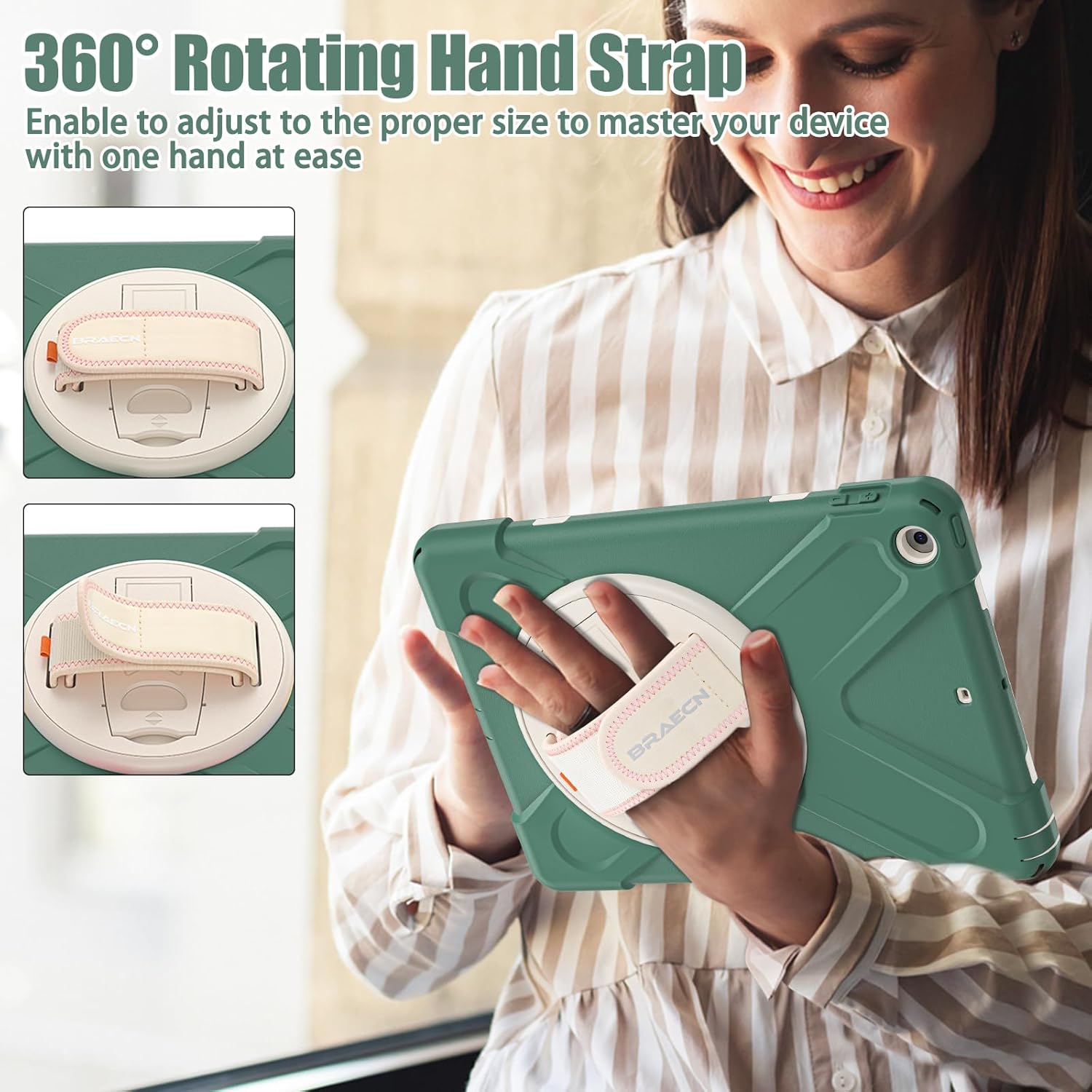 BRAECNstock for Apple iPad 6th/5th Generation Case 9.7 inch (2018/2017), Shockproof Protective Kids Case with Pencil Holder, 360° Rotating Hand Strap & Stand, Shoulder Strap, Emerald Green