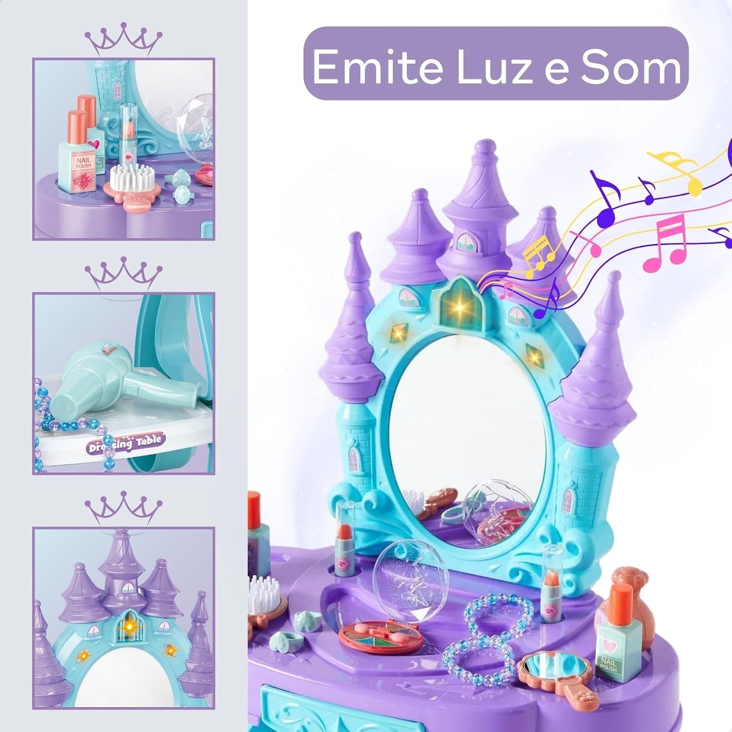 Penteadeira Princesa Infantil Castelo Emite Luz e Som com 15 Acessórios de Beleza Fashion