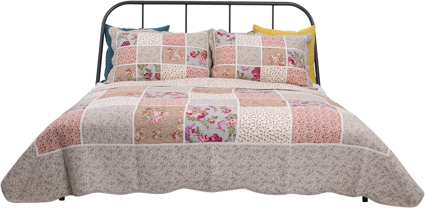 Quilt Set of 3, Including 1 Reversible Quilt and 2 Pillow Shams, 90"x98" for Queen, Patchwork Floral Tea Rose