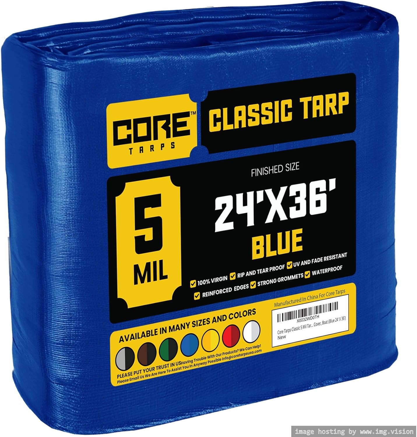 Core Tarps Classic 5 Mil Tarp Cover, Waterproof, UV Resistant, Rip and Tear Proof, Poly Tarpaulin with Reinforced Edges for Roof, Camping, Patio, Pool Cover, Boat (Blue 24 X 36)