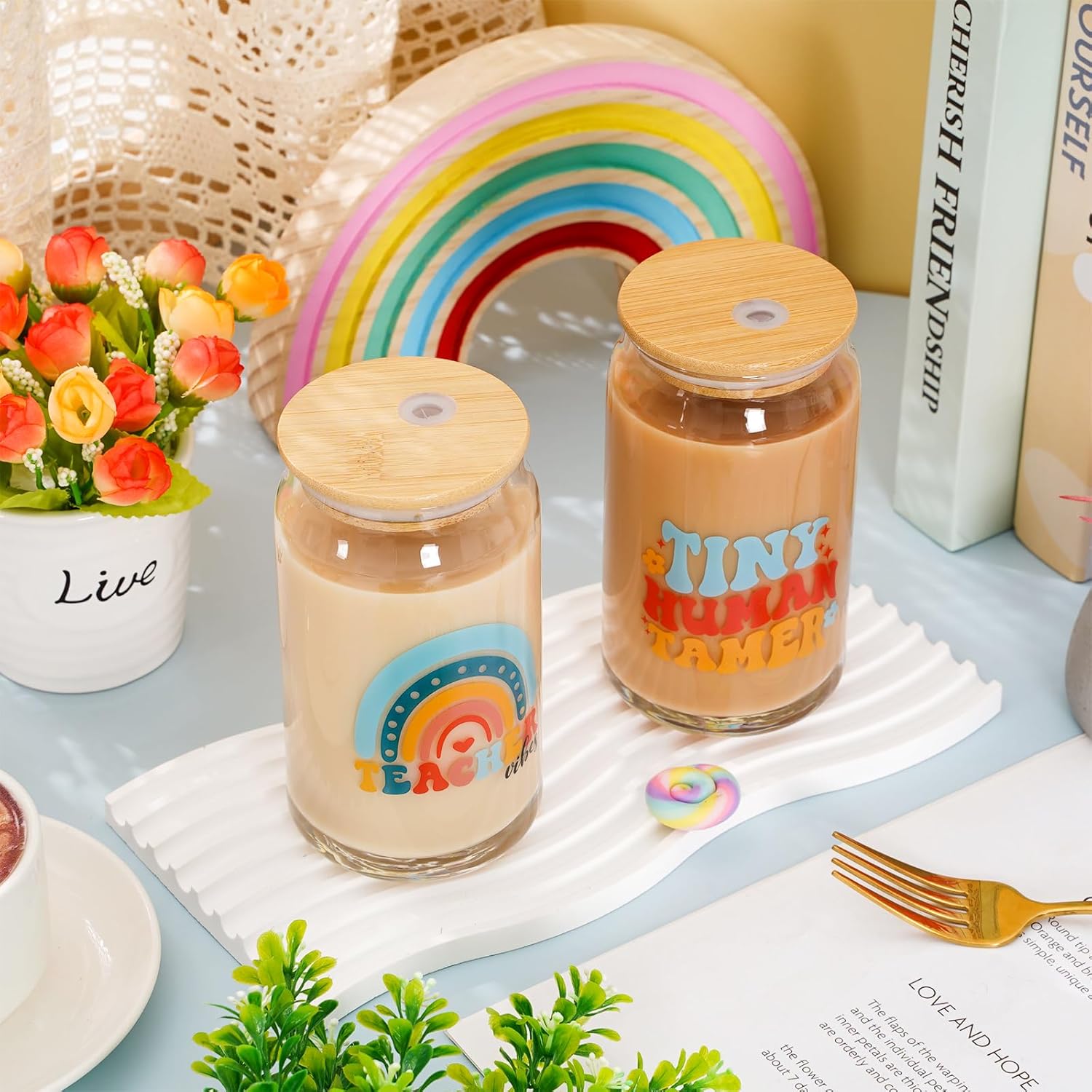 Whaline 6 Pack Teacher Drinking Glasses Boho Rainbow Flower Ice Coffee Cup Colorful Beer Glass Can for Cocktail Whiskey Beer Soda, Gifts for Teacher, 16 Oz
