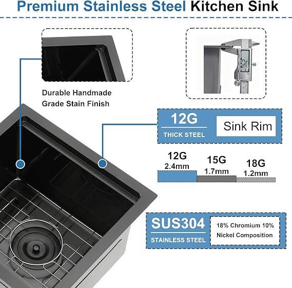 SHACO 21x20 Inch Black Kitchen Sink, 21 Inch Gunmetal Black Undermount Single Bowl Stainless Steel 16 Gauge Workstation Laundry Bar Sink with Accessories