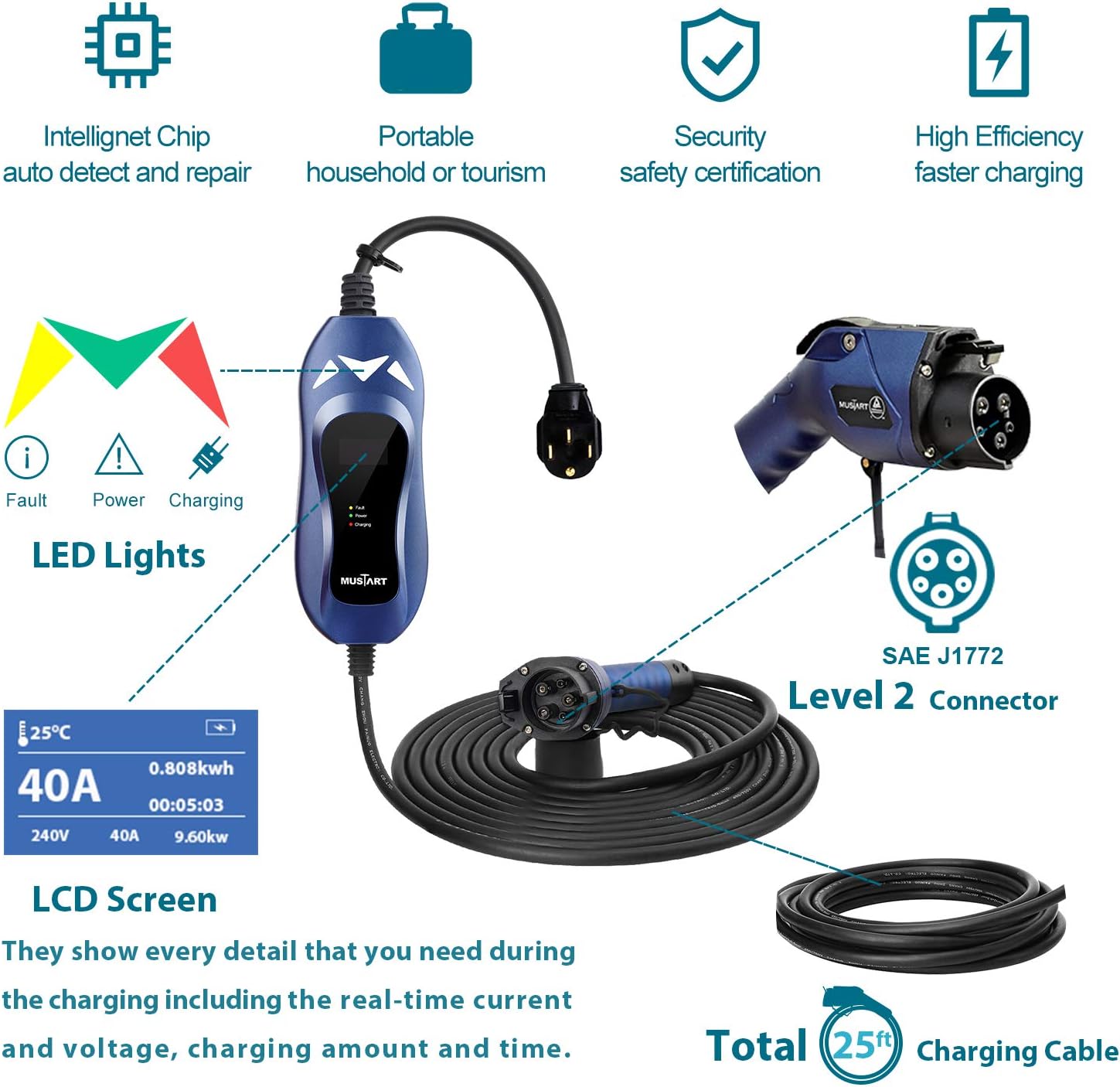 Blасk Frіdау - 50% оƒƒ MUSTART Level 2 Portable EV Charger (240 Volt, 25ft Cable, 40 Amp), Electric Vehicle Charger Plug-in EV Charging Station with NEMA 14-50P （Update Version）