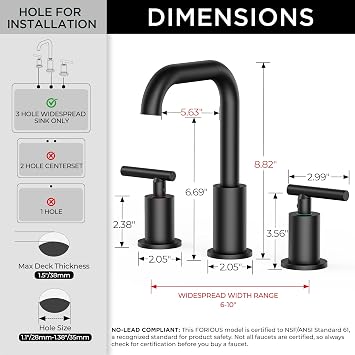 FORIOUS Bathroom Sink Faucet 3 Hole Widespread 8 Inch 2 Handle Matte Black | 6-12 inch Widespread Sink Faucet with 2 Handles, Pop Up Drain and Water Supply Supplies for Vanity Restroom RV Lavatory Sink