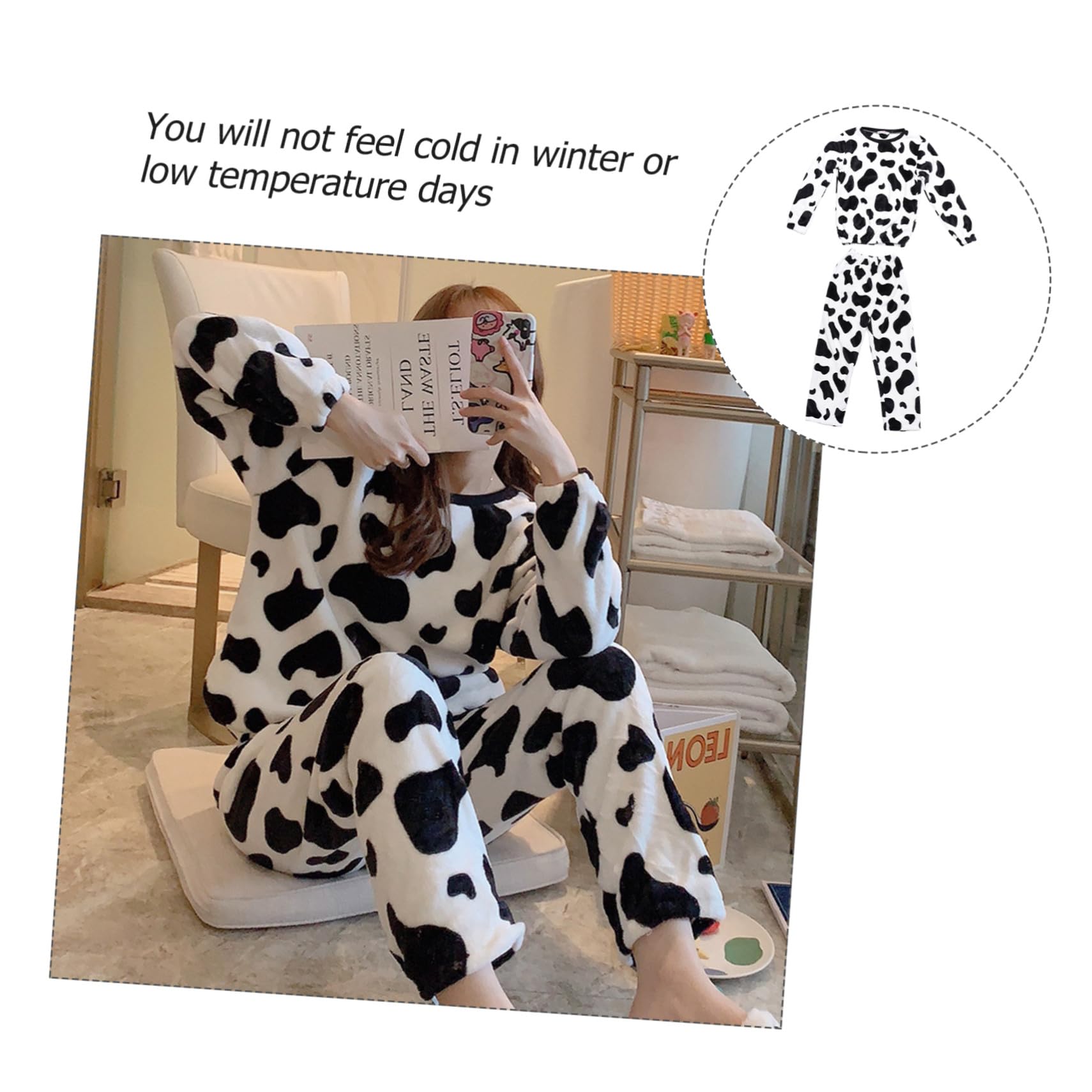 ORFOFE Flanell Schlafanzug Satz L mit Kuhmuster für Mädchen und Damen | Langarm Design, Bequem und Superweich, für Herbst und Winter, Freizeit Pyjama