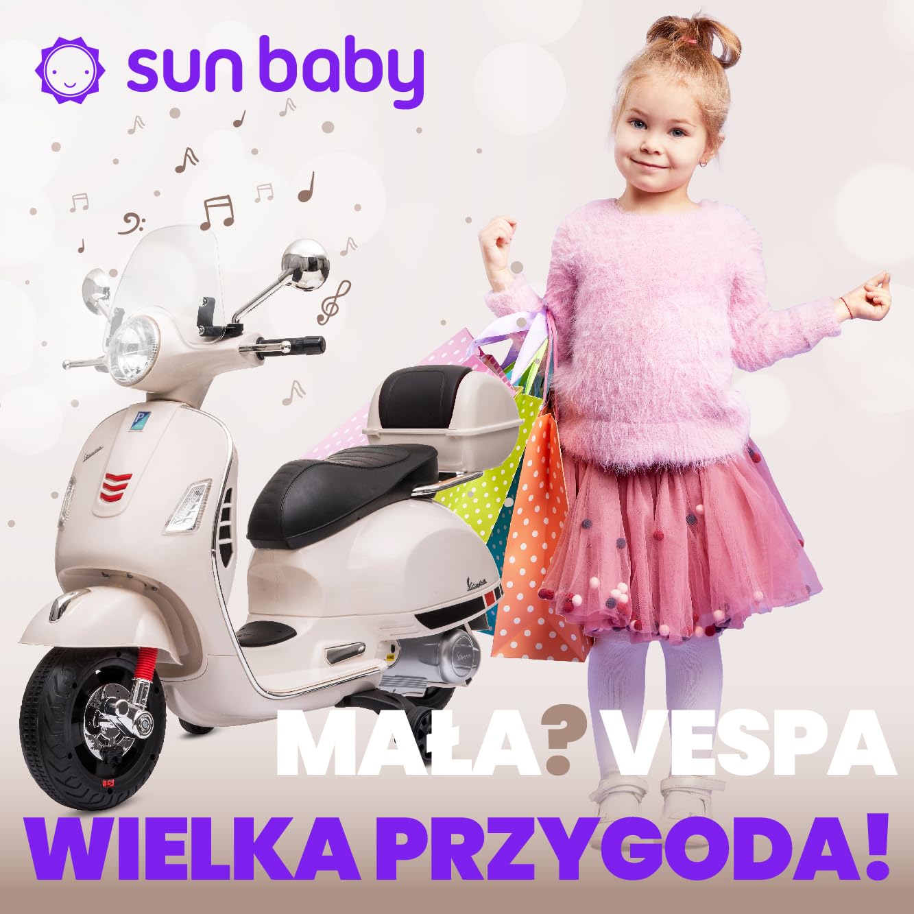 VESPA Elektryczny skuter dla dzieci, jeździk od 3 roku życia, plastikowe koła i siedzisko, kuferek, odtwarzacz MP3, gniazdo USD MicroSD AUX (Biały)
