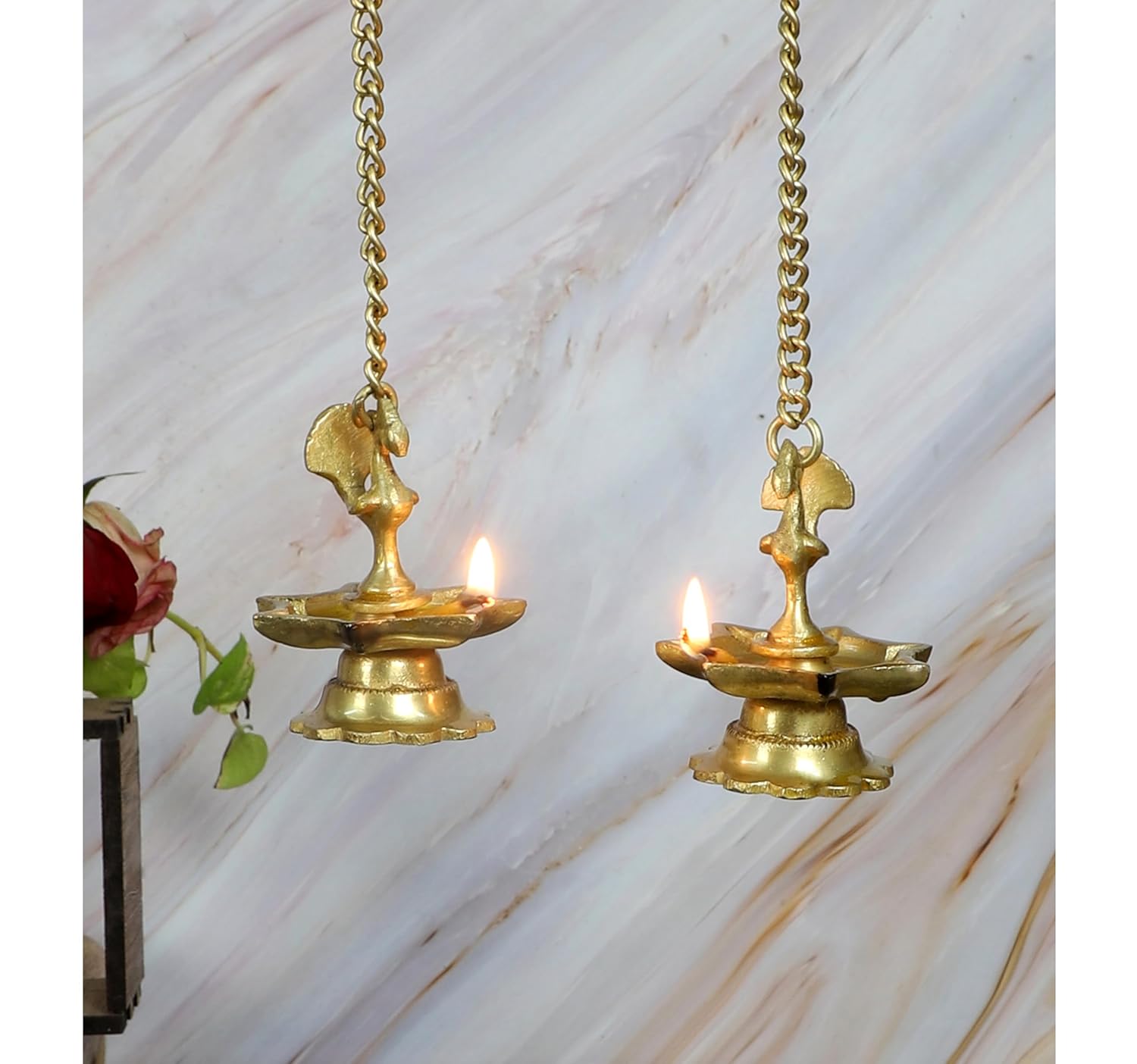 Amazon Brand - Umi Peacock Design Antique Yellow Brass Hanging Diya Pair, Brass Hanging Diyas, Brass Temple Decor, Pack of 2 offers donot miss