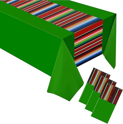 Oudain Mantel de plástico de 3 piezas de 108 x 54 pulgadas, impermeable, a rayas mexicanas, para noche de tacos, festivales, fiestas, bodas (verde)