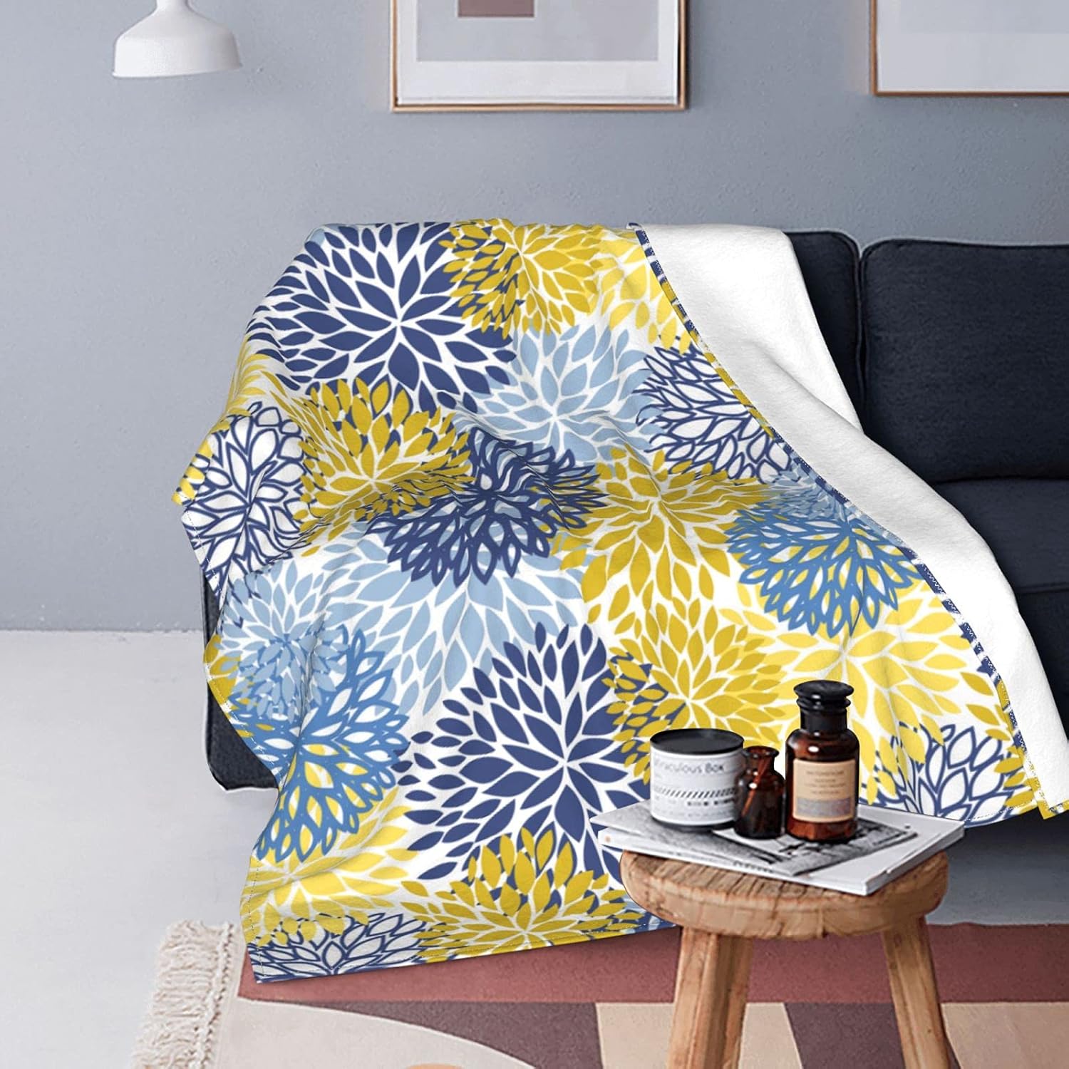 Blue Yellow Navy Chrysanthemum Flowers Fleece Throw Blanket Ultra Soft Cozy Decorative Flannel Blanket All Season for Home Bed Couch Chair Travel 80x60in