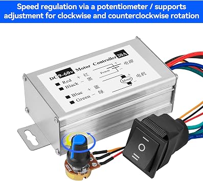 PWM DC Motor Speed Controller 9V-60V, 20A Brush Motor Driver Controls Module 12V 24V 36V 48V 60V, DC Speed Regulator Pulse Width Motor Driver 1200W PWM Monitor Dimmer Governor with Switch Knob