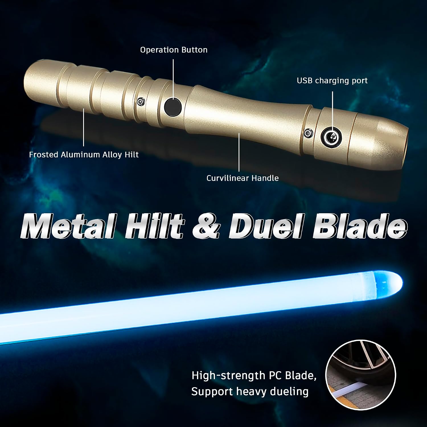 YDD LED Light Saber, Force FX Lightsaber with Sound and Light, Rechargeable Light Up Sword, Metal Hilt, Toy for Man Kids(Gold Hilt Iceblue Blade)