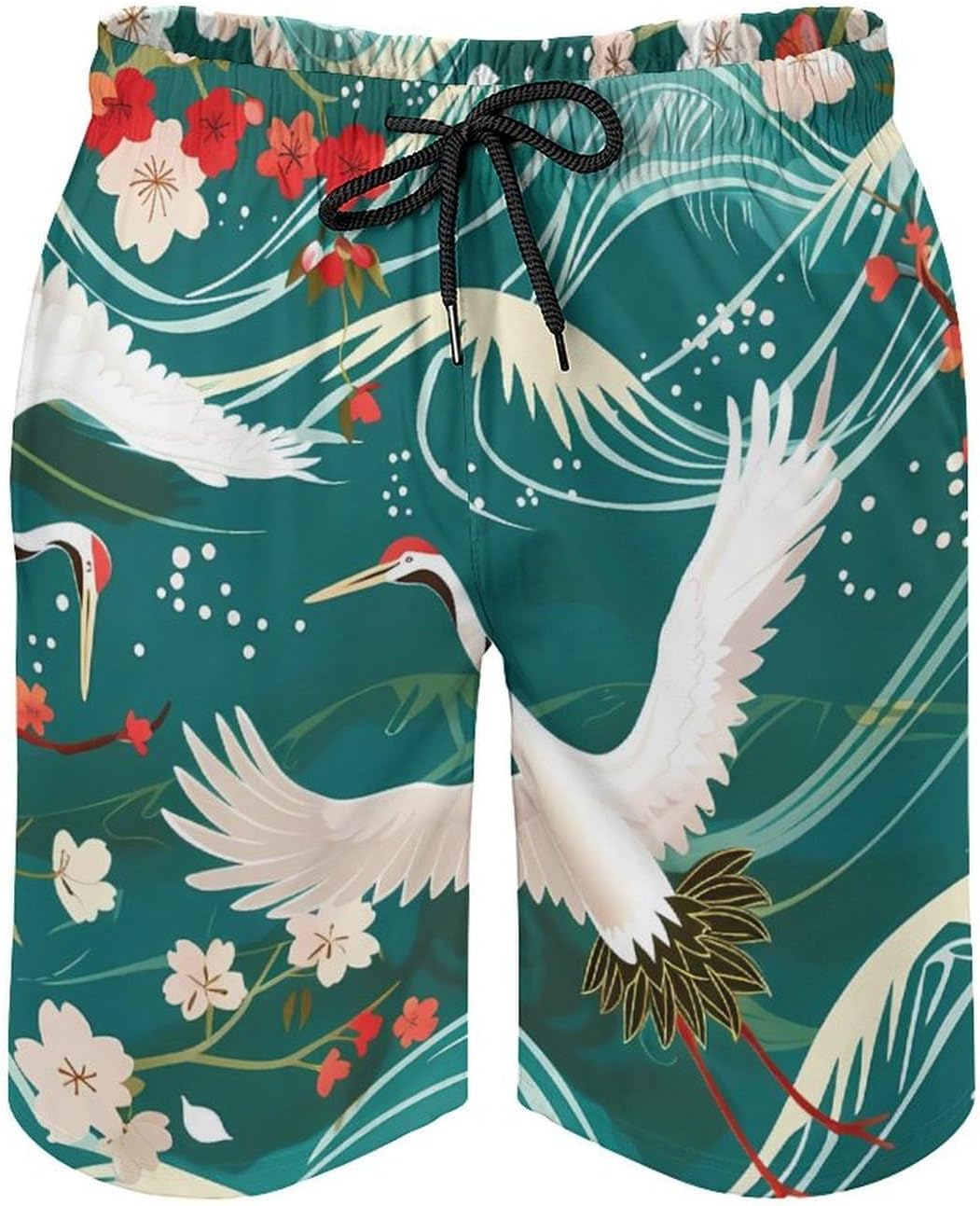 Japanese Crane Birds Wave Cherry Flowers Casual Men's Swim Trunks Novelty Summer Beach Shorts Swimwear with Pocket