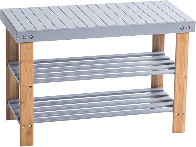 Woodluv 3 Tier Bamboo Bench Hallway Shoe Rack Storage Organiser Holder, Grey