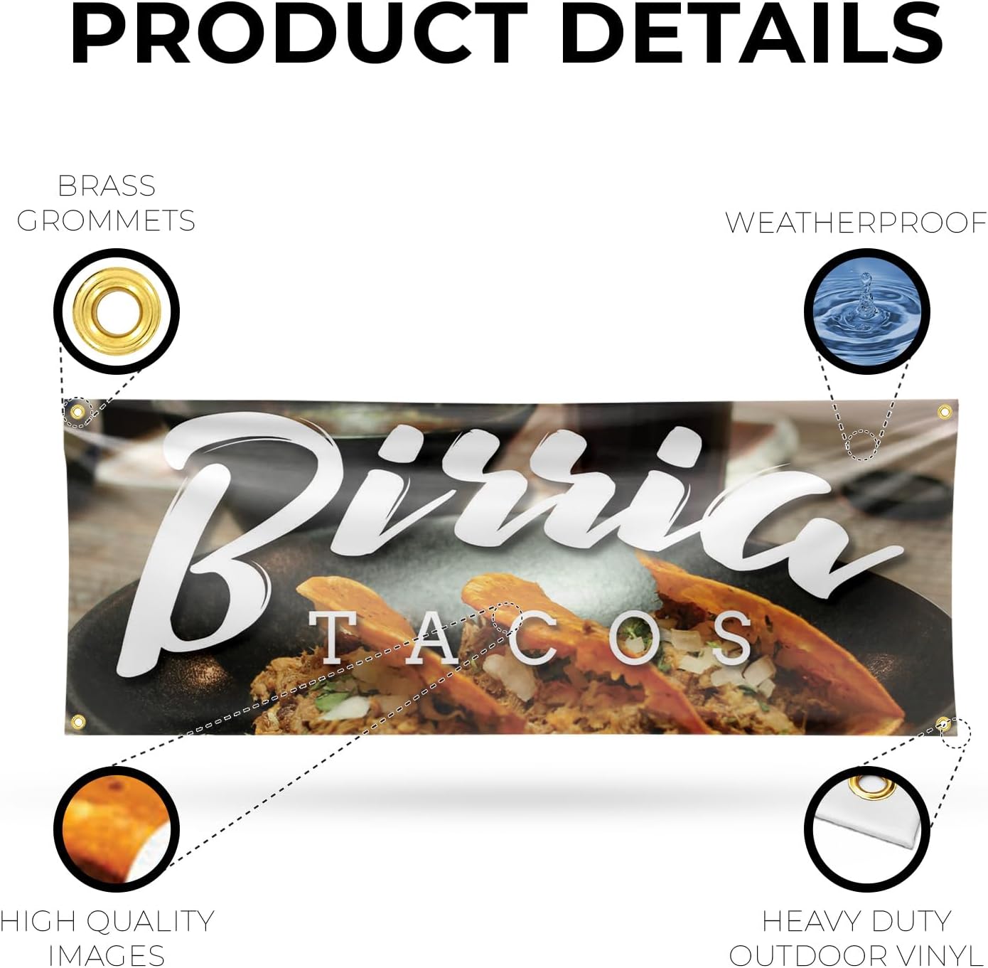 Birria Tacos Banner Sign 18 Inch x 48 Inch | 13 oz Vinyl with Metal Grommets | Heavy-Duty Single-Sided Outdoor Durable Printed High-Quality Weatherproof | Made in the USA