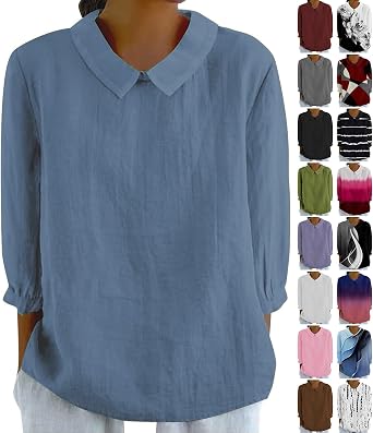 slqdgmryz Linen Shirts for Women 3/4 Sleeve Plus Size Tops Casual Collar Dressy Blouses Loose Three Quarter Length Tunic Tops