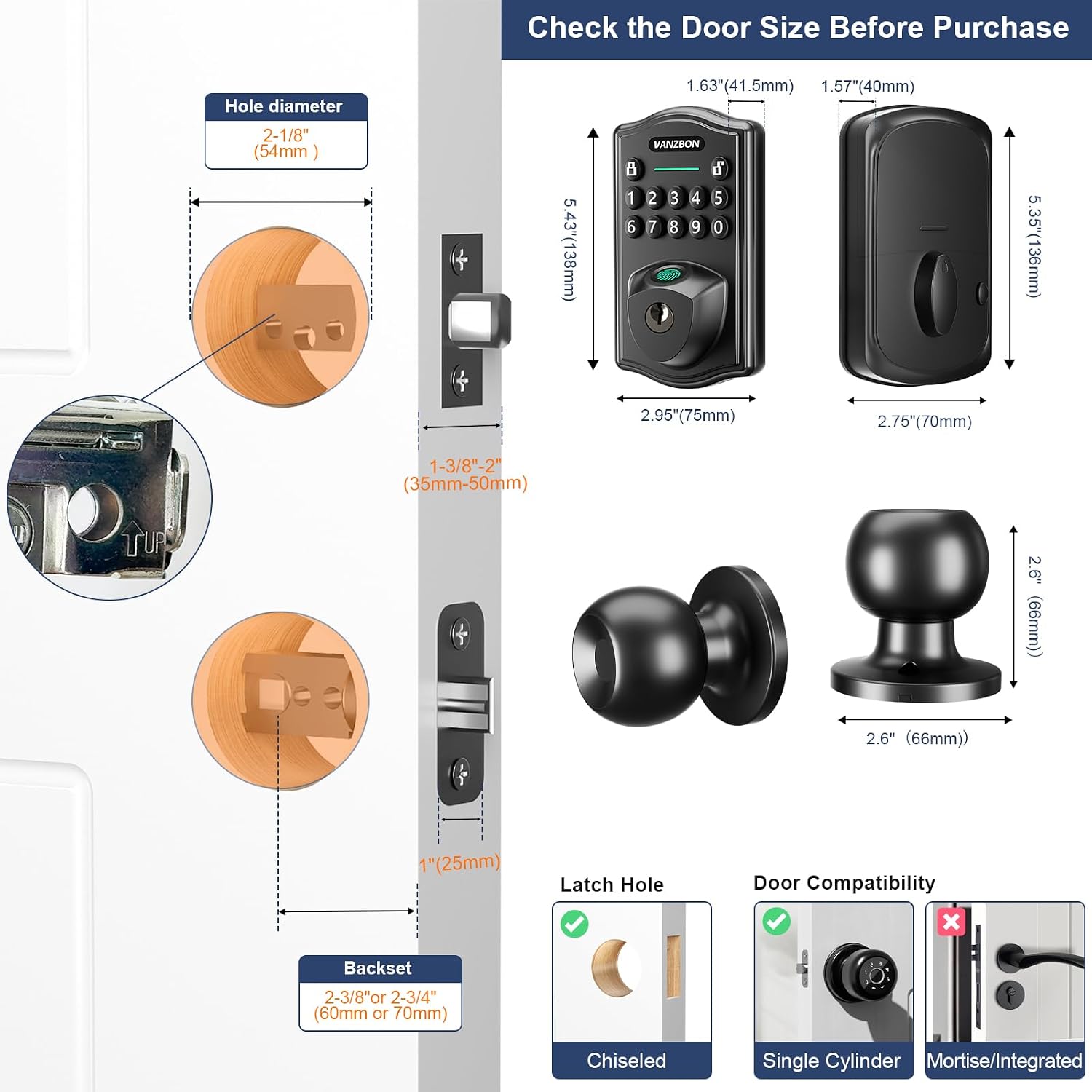 Keyless Entry Door Lock with 2 Knobs, Electronic Keypad Deadbolt, Fingerprint Door Lock Set for Front Door, Biometric, Anti-Peeping Password, Auto Lock, One Touch Lock, Easy Installation