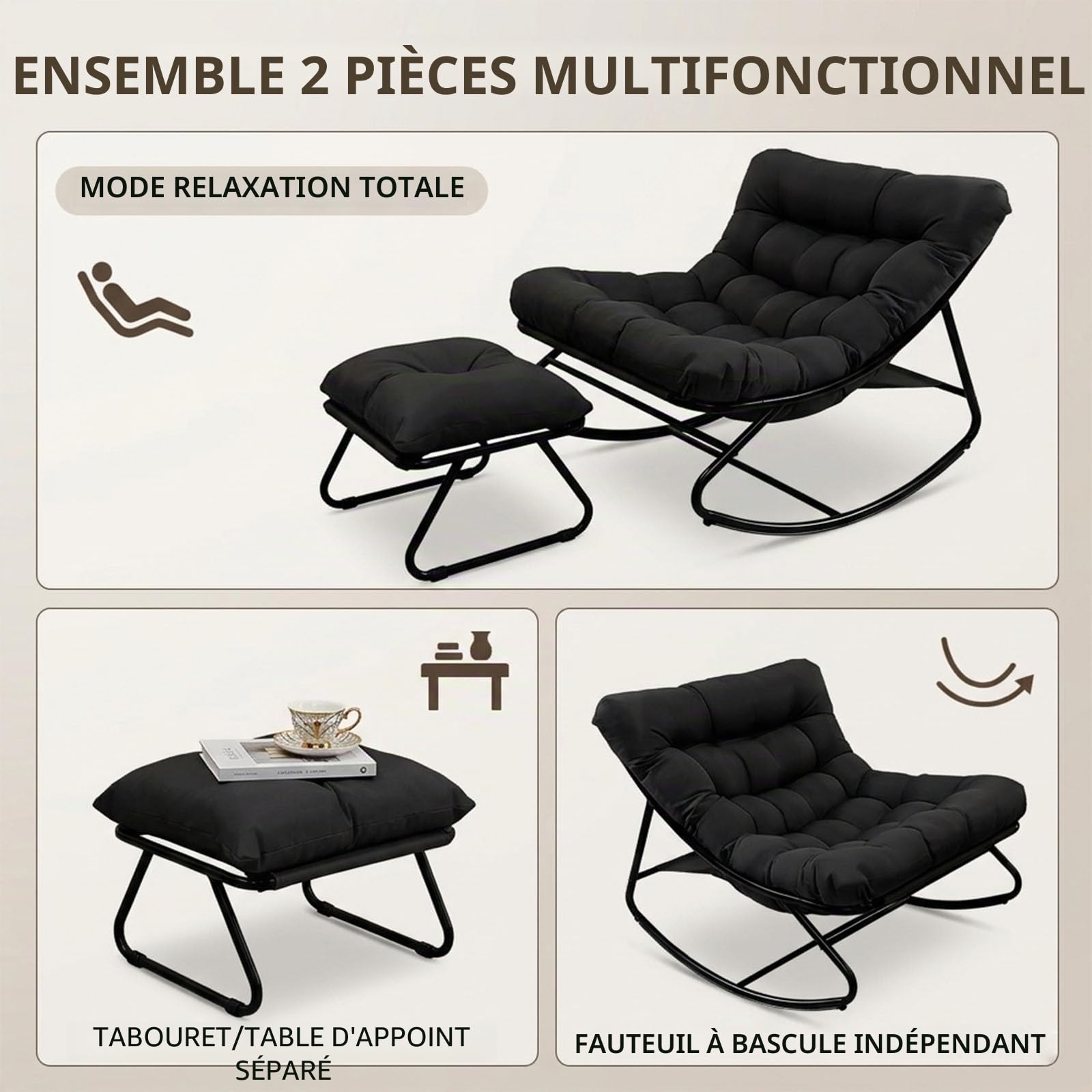Rocking Chair avec Repose-Pieds, Fauteuil à Bascule avec Coussin, Chaise a Bascule d'Intérieur et d'Extérieur, Charge 150kg, pour L'ExtéRieur,L'IntéRieur,Le Jardin Patio Rocking Chair (Gris)