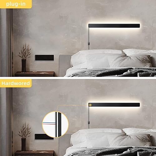 Miniatura 4 de Apliques de pared modernos enchufables, 23.6 pulgadas, luces LED de pared largas negras esmeriladas, lámpara de pared acrílica de 12 W, blanco