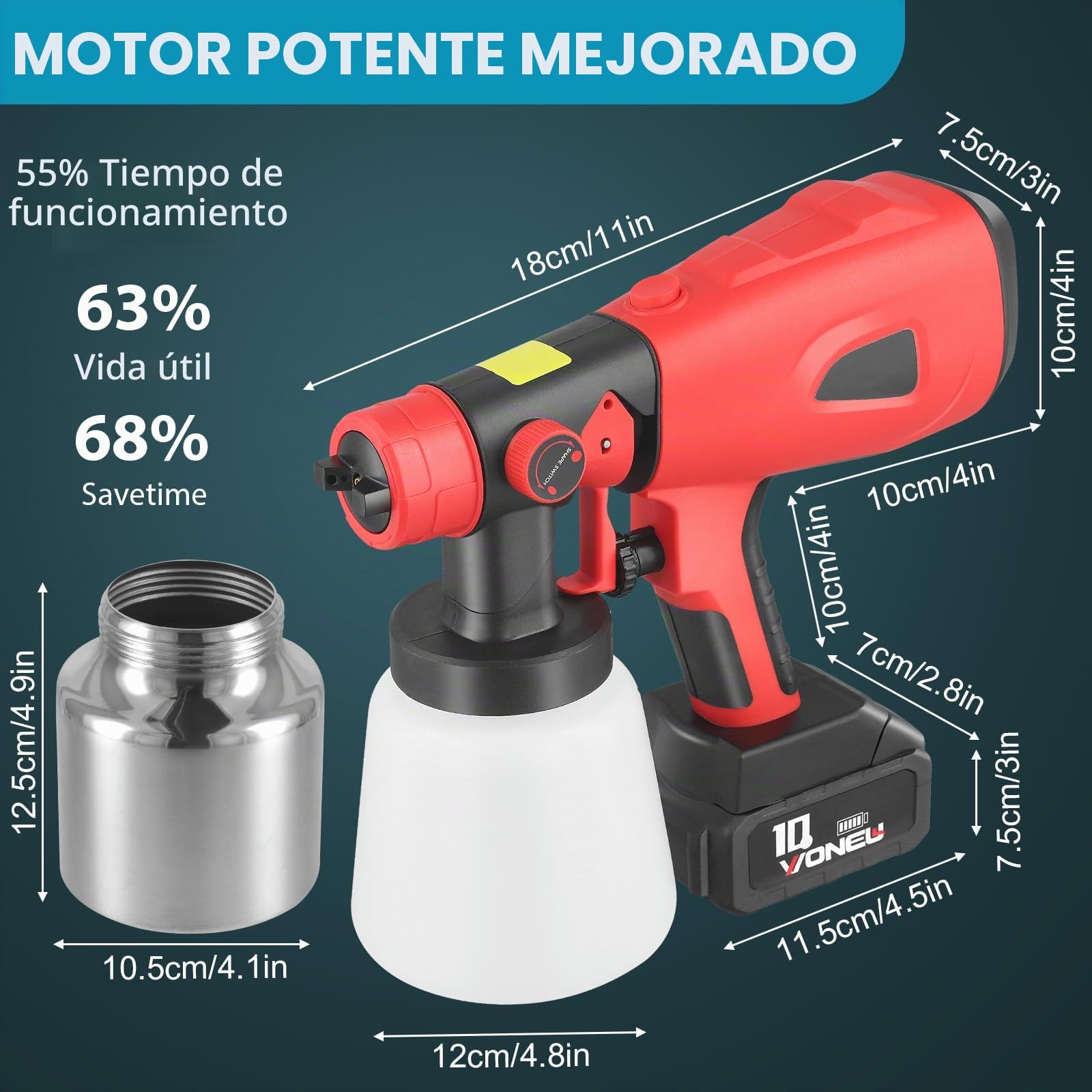 Sistema de pulverización de Pintura con 2 x 2600 mAh 21V Batería y Cargador, 850 W, 5 boquillas, 2 Recipiente de Pintura de 800 ml, 3 Patrones de pulverización, para Paredes, Techos, Vallas
