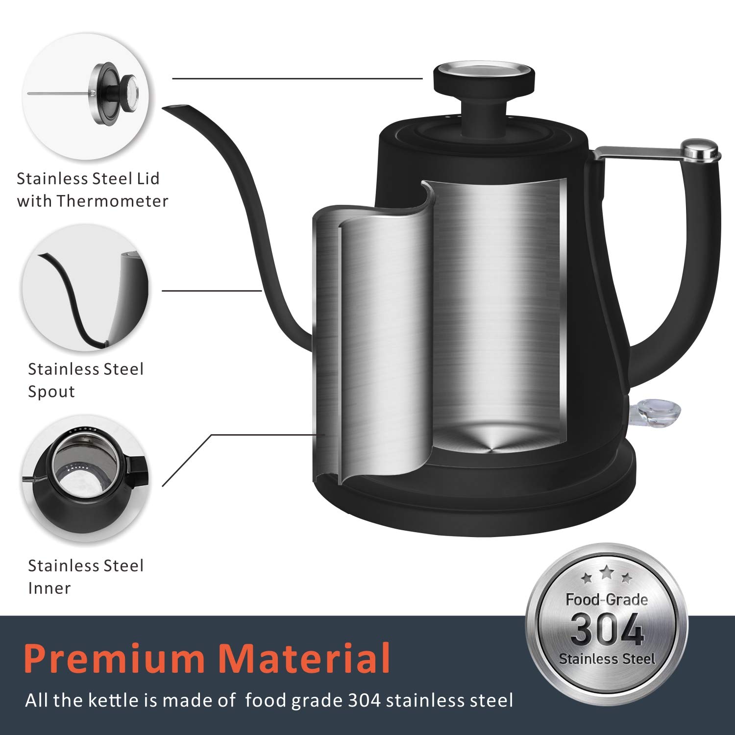 Electric Water Kettle with Thermometer, Gooseneck Boiler Coffee Brewing