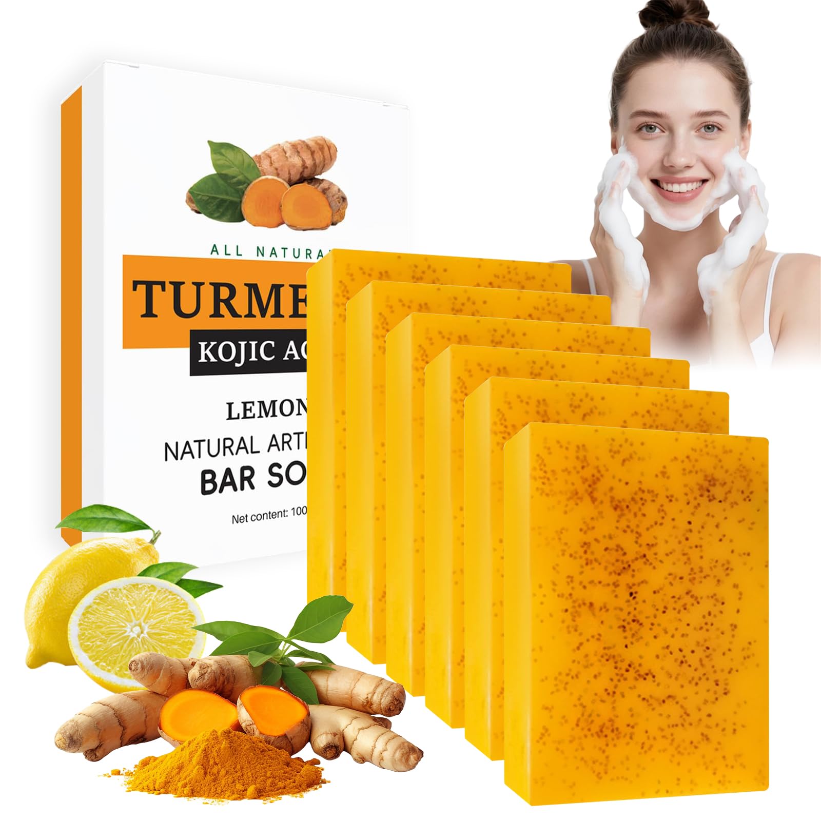 6PCS Turmeric Soap Bar, Kojic Acid Soap, Natural Handmade Kojic Soaps with Foaming Nets