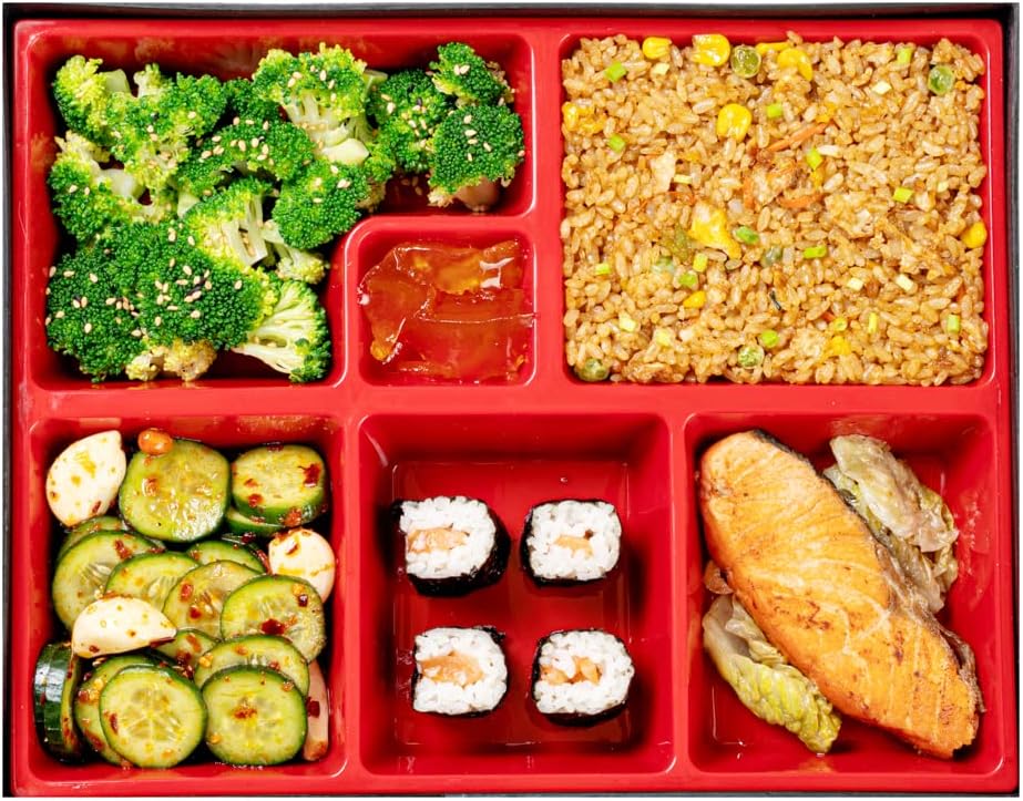 Restaurantware-12.2 x 9.8 x 2.4 Inch Compartment Lunch Container, 1 Japanese Style Adult Lunch Container - With 6 Compartments, Greaseproof, Black & Red Plastic Divided Meal Box, Hot & Cold Food - Image 8
