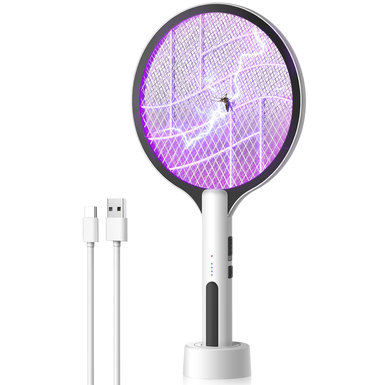 DEEZEE Raquette à mouches électrique 4500V rechargeable 2 en 1 portable tueur de moustiques violet 3 couches de sécurité