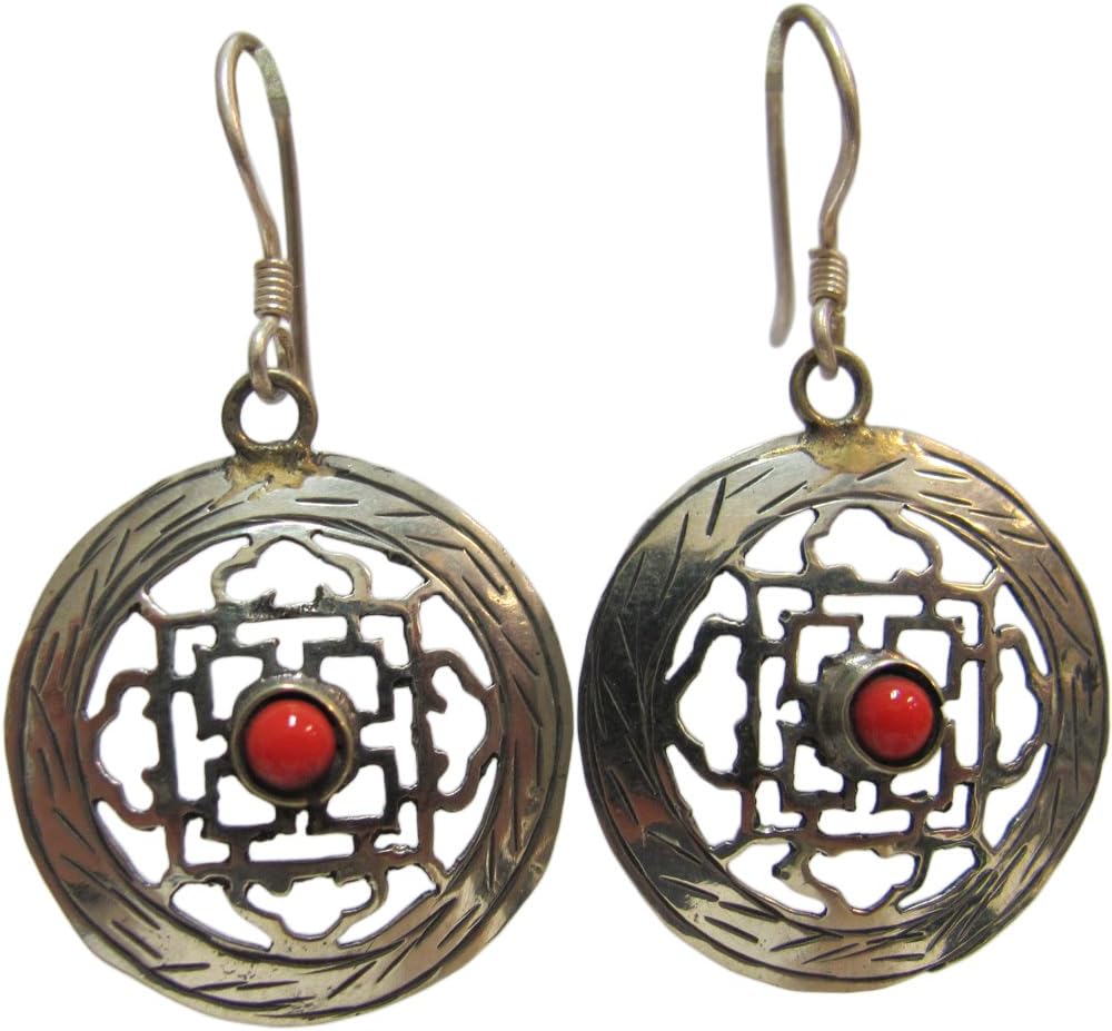 Women's Fashion Bohemian Gypsy Indian Vintage Tibetan Mandala with Endless Knot Silver Toned Metal and Coral Stone Earrings (1 Inches)
