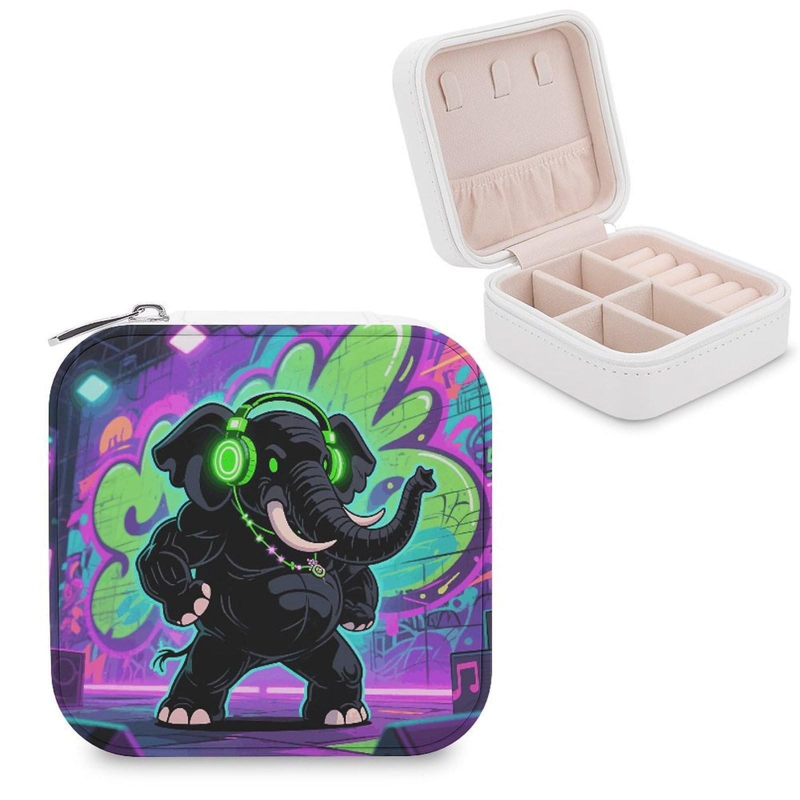 VstaDank Elephant with Headphones Jewelry Organizer Travel Case for Women With Zipper Mini Jewelry Case PU Leather Jewelrys Box for Rings Necklaces Bracelets Earring Holder Organizer Storage