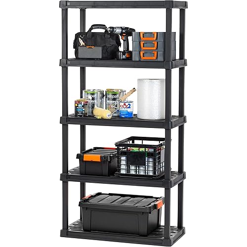 IRIS USA 5-Tier Heavy Duty Plastic Shelving Unit, 73" Tall - 100lbs per Shelf, Modular Garage Rack Storage Organizer for Home, Basement, Laundry & Utility Room, 18"D x 36"W x 73"H - Black