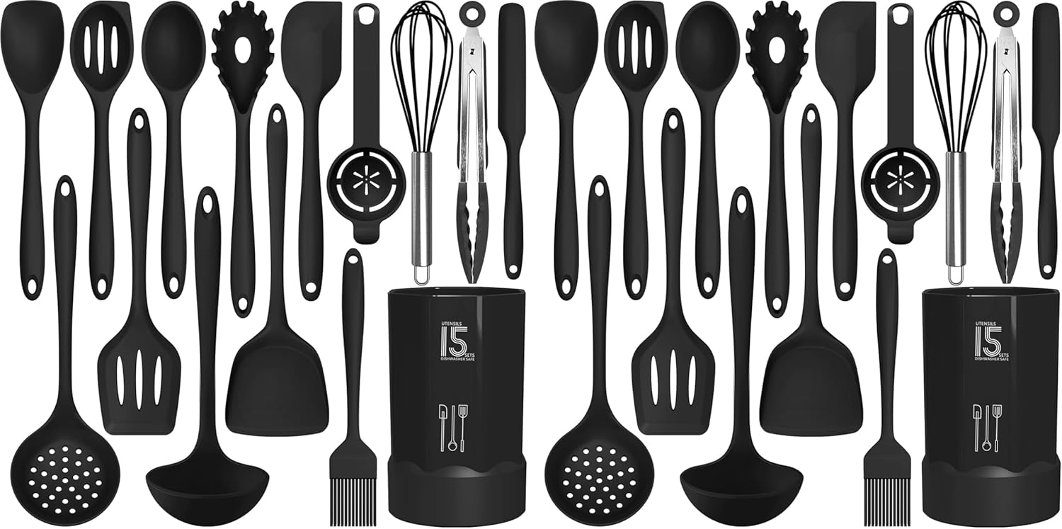 Silicone Cooking Utensils Set - 446°F Heat Resistant Kitchen Utensils,Turner Tongs,Spatula,Spoon,Brush,Whisk,Kitchen Utensil Gadgets Tools Set for Nonstick Cookware,Dishwasher Safe (BPA Free)