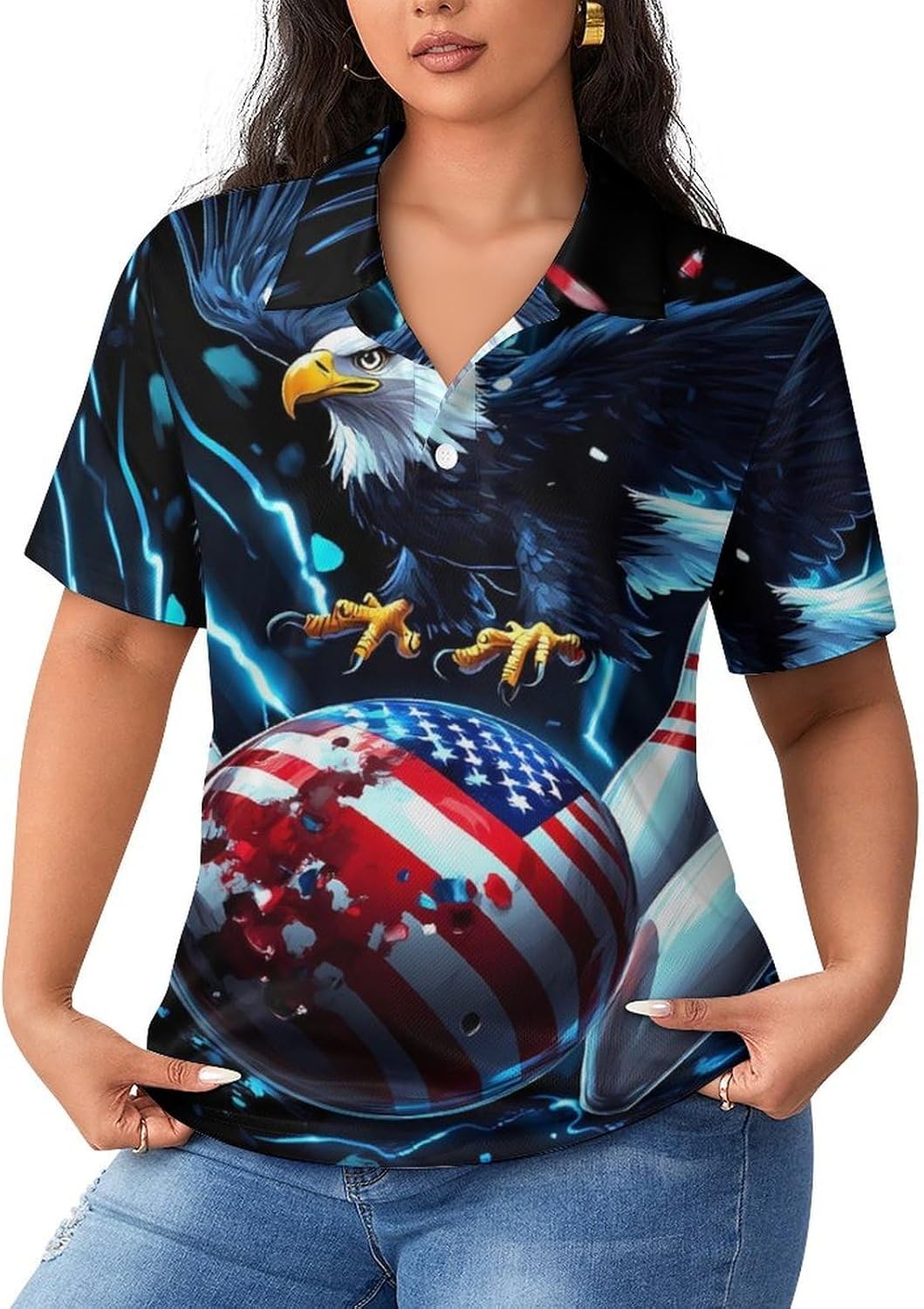 Bowling Animalseagles Womens Golf Polo Shirts Summer Short Sleeve Collared 3 Buttons T Shirt Activewear Tops