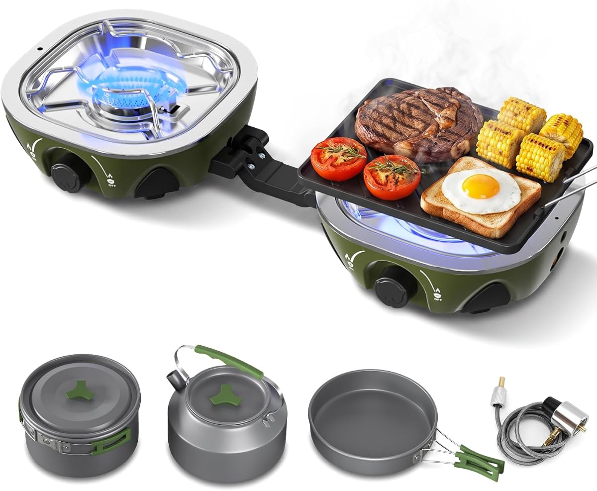 20000 BTU Propane Camping Stove with Cookware Set & Carry Bag Olive | Windproof Outdoor Gas Cooking Kit with Frying Pan for RV, Tailgating