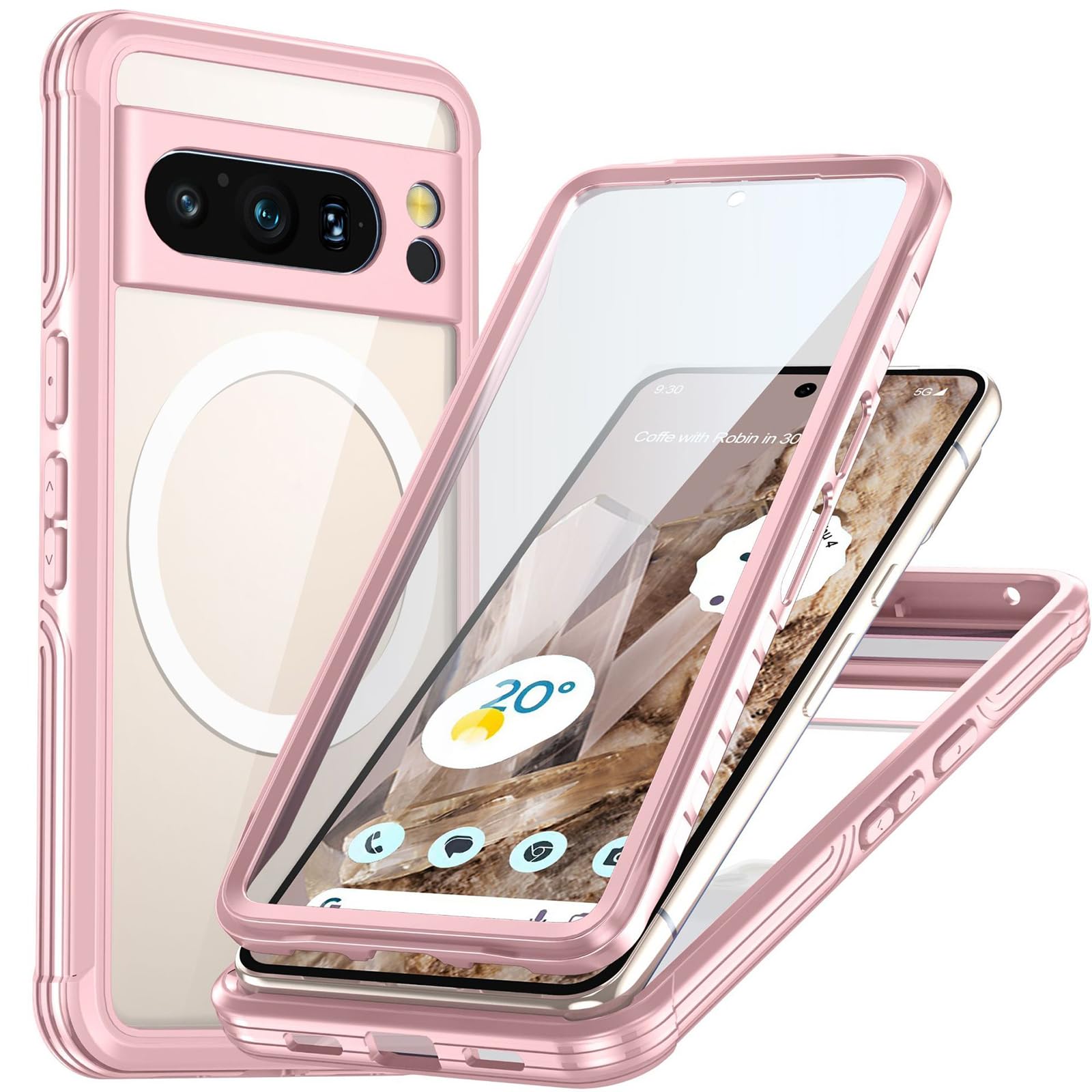 Magnetisch Hülle für Google Pixel 8 Pro, 360° RundumSchutz Hart Schutzhülle, Transparent Handyhülle Support Kabelloses Laden,Rosa
