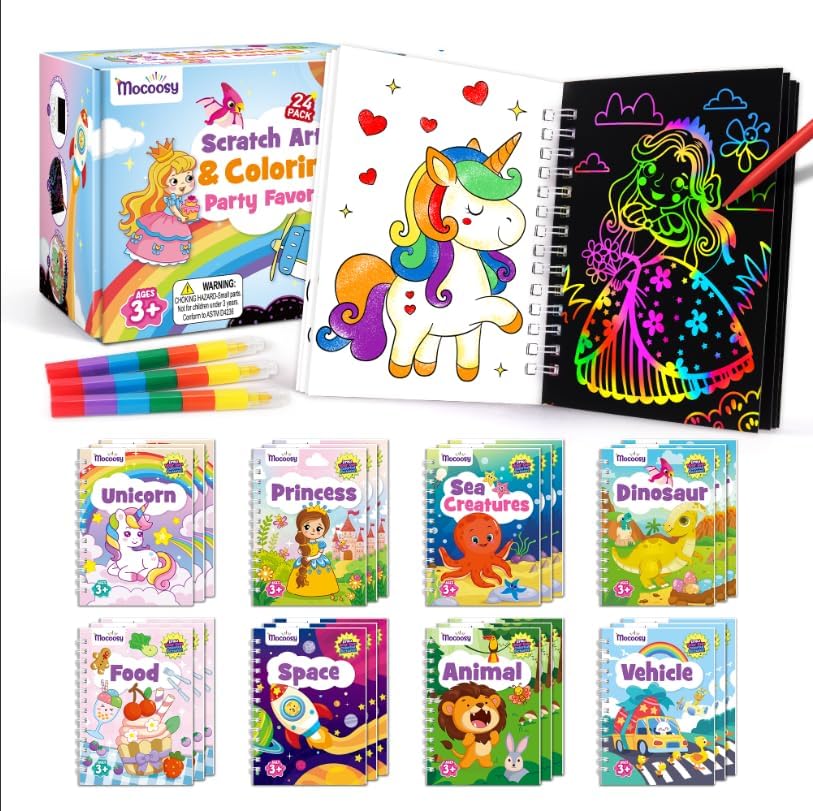 Mocoosy 24 Scratch Art Coloring Book for Kids Party Favors Age 4-8-12, Double Side Mini Coloring Books Bulk Gifts Birthday Goodie Bag Stuffers for Toddlers, Arts and Crafts Girls Boys Classroom Prizes
