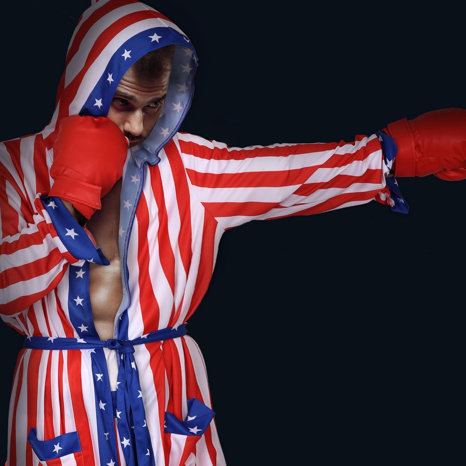 Mens American Flag Boxing Costume 6PCS Outfits Boxer Robe Shorts Belt Stockings Necklace and Boxing Gloves Stain (Medium)