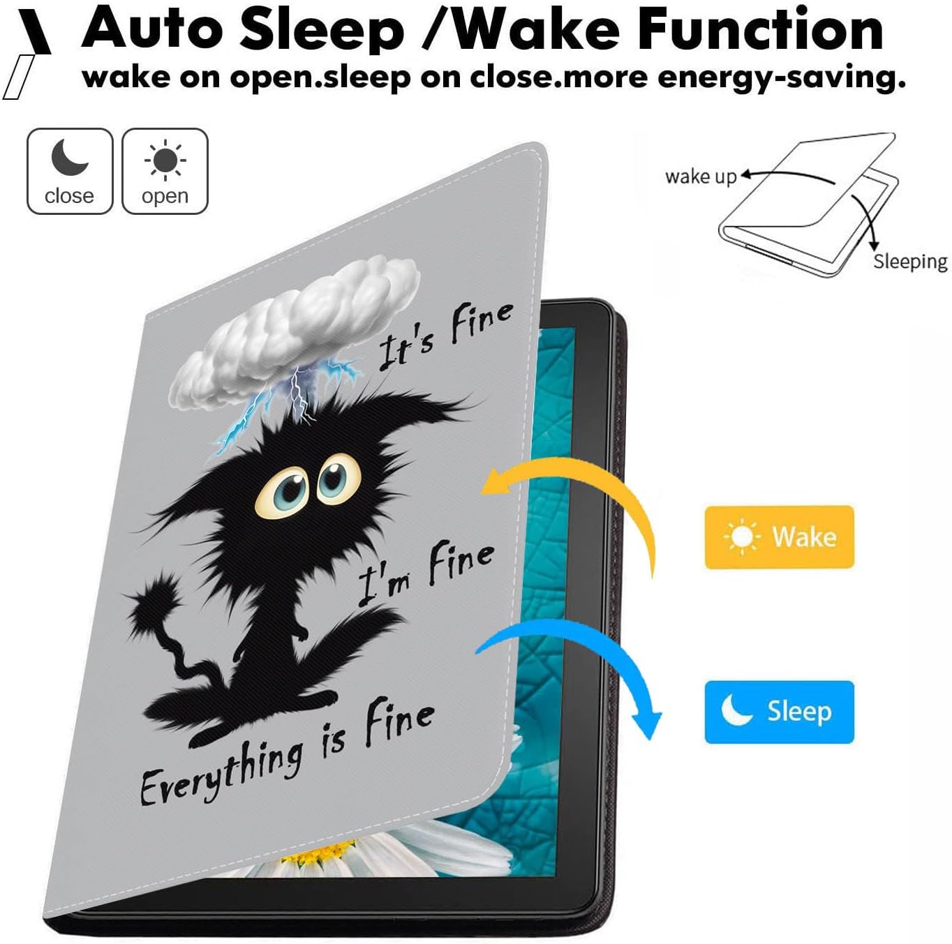 Case for Samsung Galaxy Tab A11 Plus (2025) / A9 Plus (2023) 11 Inch, Premium PU Leather Folding Stand Cover with Auto Wake/Sleep - Funny Cat, It's Fine I'm Fine Everything is Fine image 4