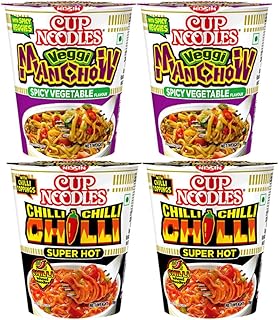 Nissin Cup Noodles Variety Pack - Mazedar Maasala, Veggie Manchow & Chilli Chilli Chilli Instant Travel-Friendly Noodles Quick & Flavorful Veggie & Spicy Snack for On-the-Go 45g (Pack of 2)