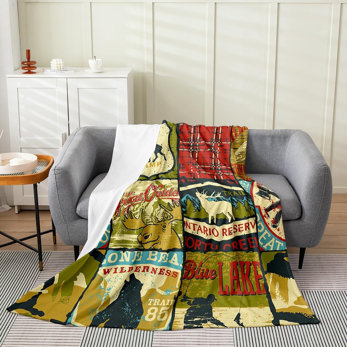 Bear Hunting Blanket for Bed & Sofa - Rustic Farmhouse Fleece, Vintage Woodland Moose Flannel, Retro Buffalo Plaid Fuzzy Blanket, Yellow Red, Twin Size