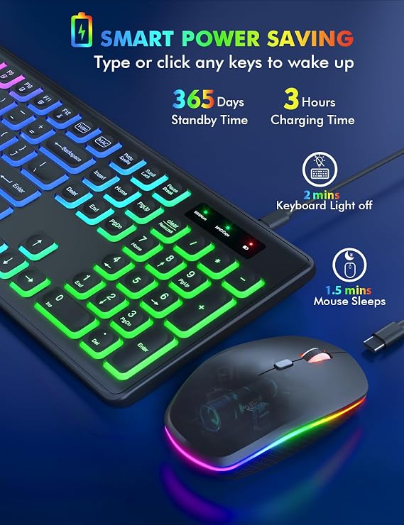 2 Pack Wireless Keyboard and Mouse Combo - RGB Backlit, Rechargeable & Light Up Letters, Full-Size, Ergonomic Tilt Angle, Sleep Mode, 2.4GHz Quiet Keyboard Mouse for Mac, Windows, Laptop, PC, Trueque