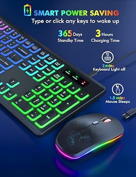 2 Pack Wireless Keyboard and Mouse Combo - RGB Backlit, Rechargeable & Light Up Letters, Full-Size, Ergonomic Tilt Angle, Sleep Mode, 2.4GHz Quiet Keyboard Mouse for Mac, Windows, Laptop, PC, Trueque
