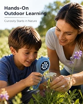 Outdoor Exploration Microscope for Kids, 500X Portable Digital Microscope with 2 IPS Screen, Summer Camping Travel STEM Toy Age 5-12 (Blue)