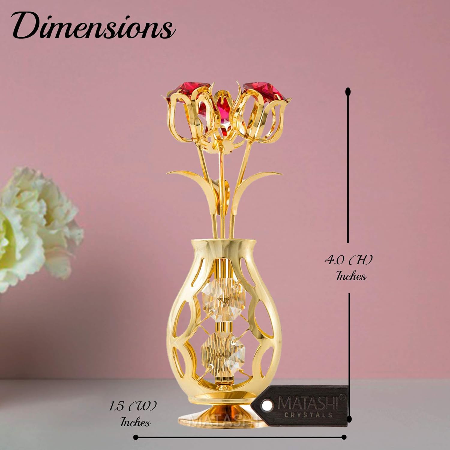 Matashi 24K Gold Plated Flower Vase Ornament with Red & Clear Crystals - Tabletop Decoration - Gift for Mom or Wife for Christmas, Valentine’s Day & Mother’s Day