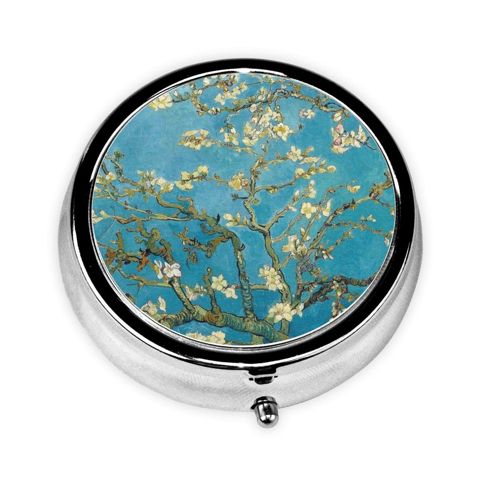 Van Gogh Almond Blossom Pill Box for Women Men 2 Inch Round Travel Metal Pill Box for Pocket Wallets Purse Daily Portable Large Compartments Storage Pill Box Personlized Lids