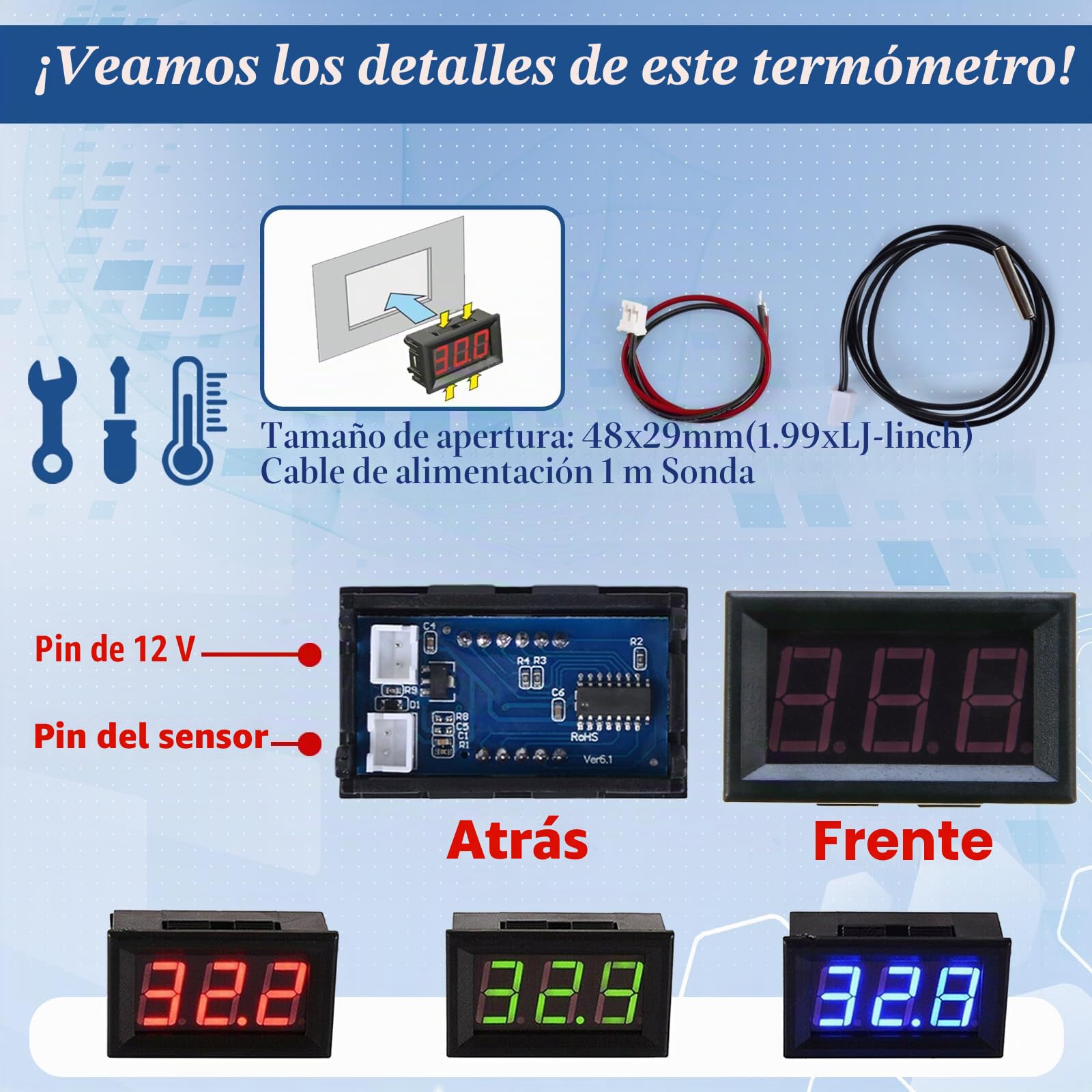 Termómetro Digital 12V con Sonda LED para Congelador Refrigerador Acuario, Azul