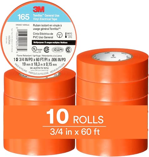 Temflex Vinyl Electrical Tape 165, 3/4 in x 60 ft, Orange, 10 Roll Pack | Multi-Purpose, 19 mm x 18 m